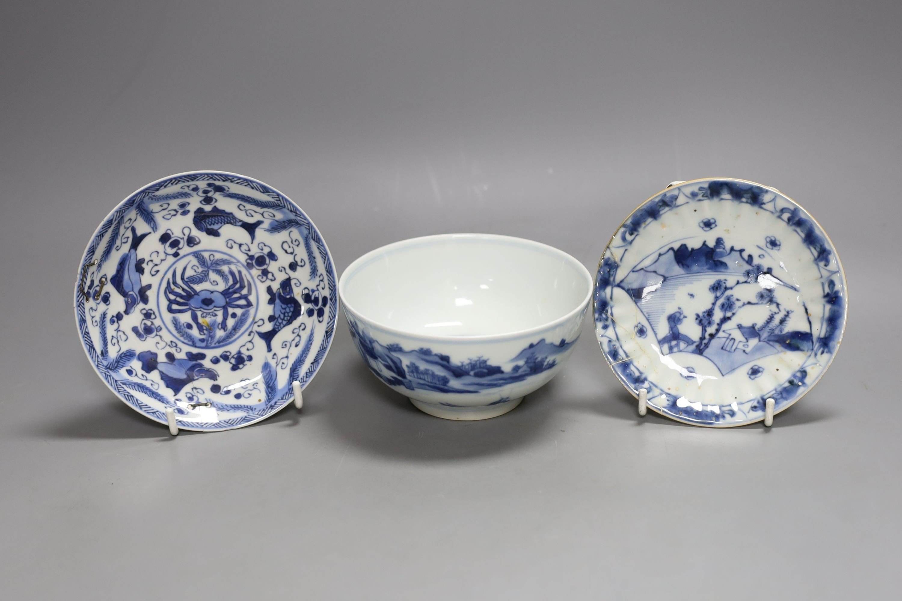 Two small Chinese blue and white dishes and similar bowl
